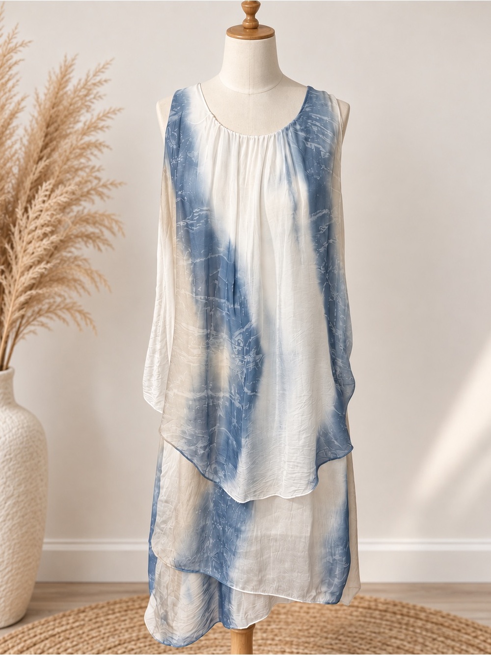 Italian 100% Silk Blue White Tie Dye Layered Asymmetrical Midi Dress